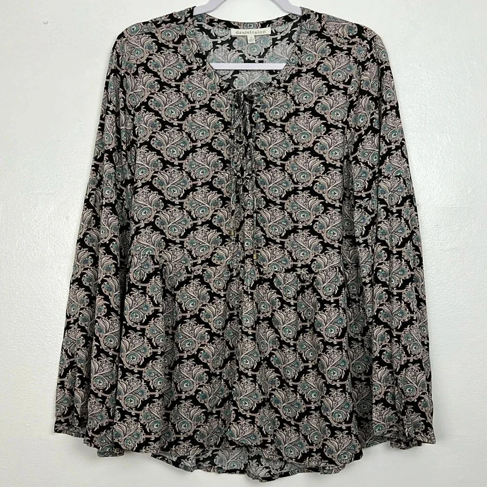 Daniel Rainn Anthropologie Women’s M Floral Lace Up‎ Front Boho Long Sleeve Top